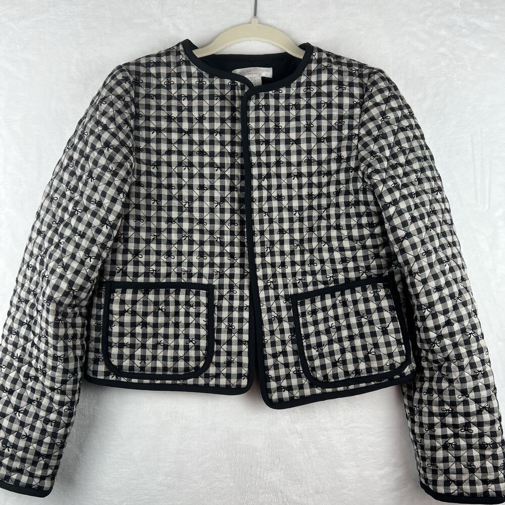 Caroline Constas Bow Gingham Quilted Jacket Women S Navy Cream Coquette Boho y2k
